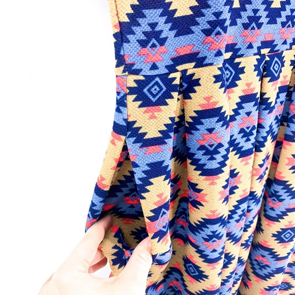 LuLaRoe Amelia Tan & Blue Aztec Short Sleeve Dress - Picture 6 of 7